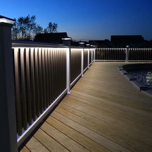 Deck Railing Finyl Line™ T-Top Vinyl White Square Lifestyle Picture of Lighted Fence