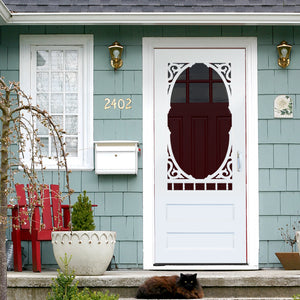 Decadent screen door design in wood or vinyl