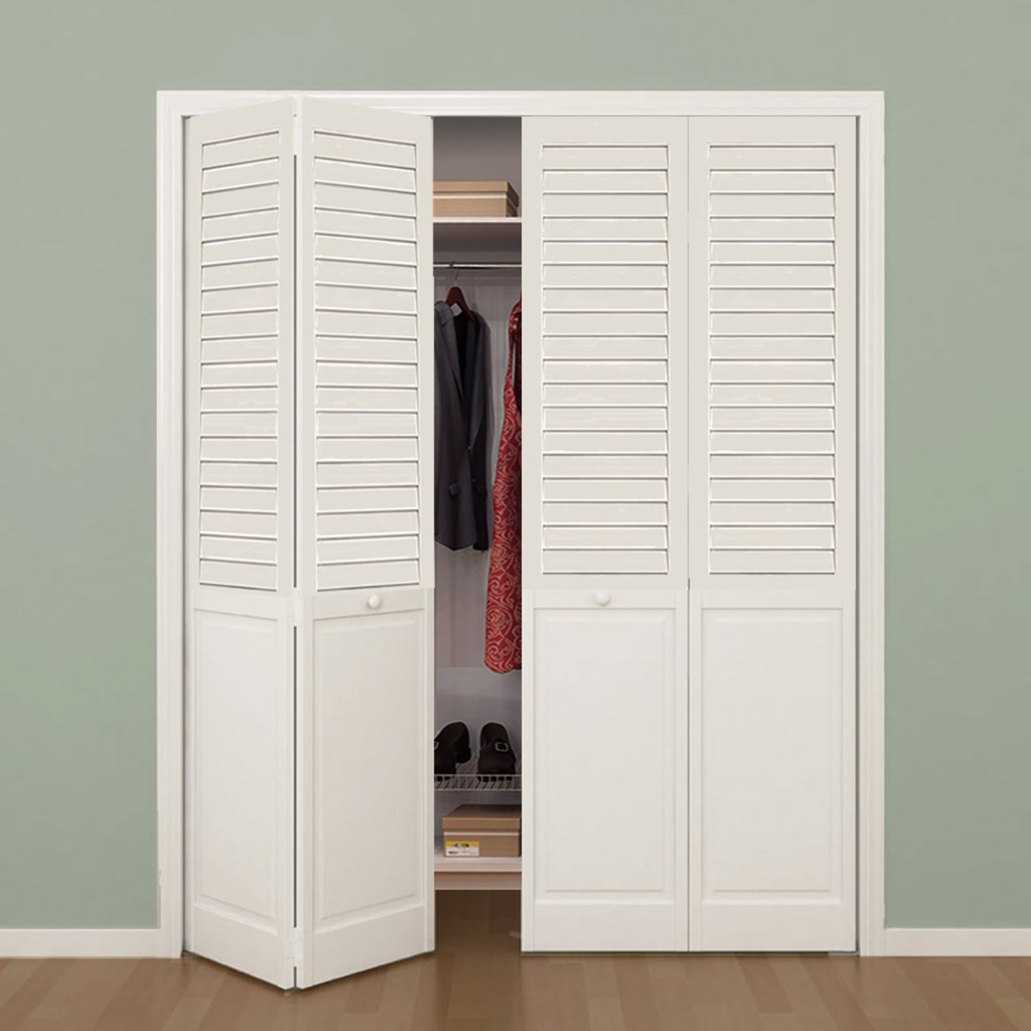 Plantation Louver Panel Solid Core White Wood Bi-fold Door