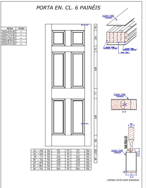 6-Panel Colonial Knotty Pine Unfinished Interior Door CAD Drawing