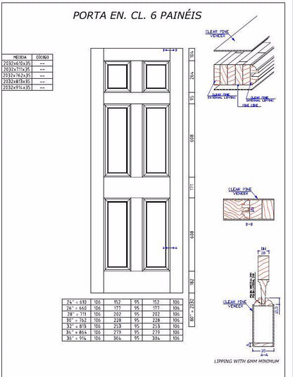 6-Panel Colonial Solid Pine Unfinished Interior Door CAD Drawing