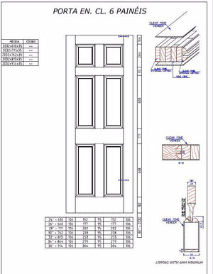 6-Panel Colonial Solid Pine Unfinished Interior Door CAD Drawing